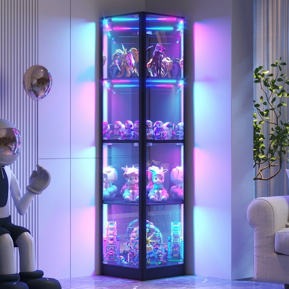 VKCC Corner Display Cabinet with Glass Door, Thin Curio Cabinet with RGB Lights, Tempered Glass Press to Open Cabinet for Small Place, Black