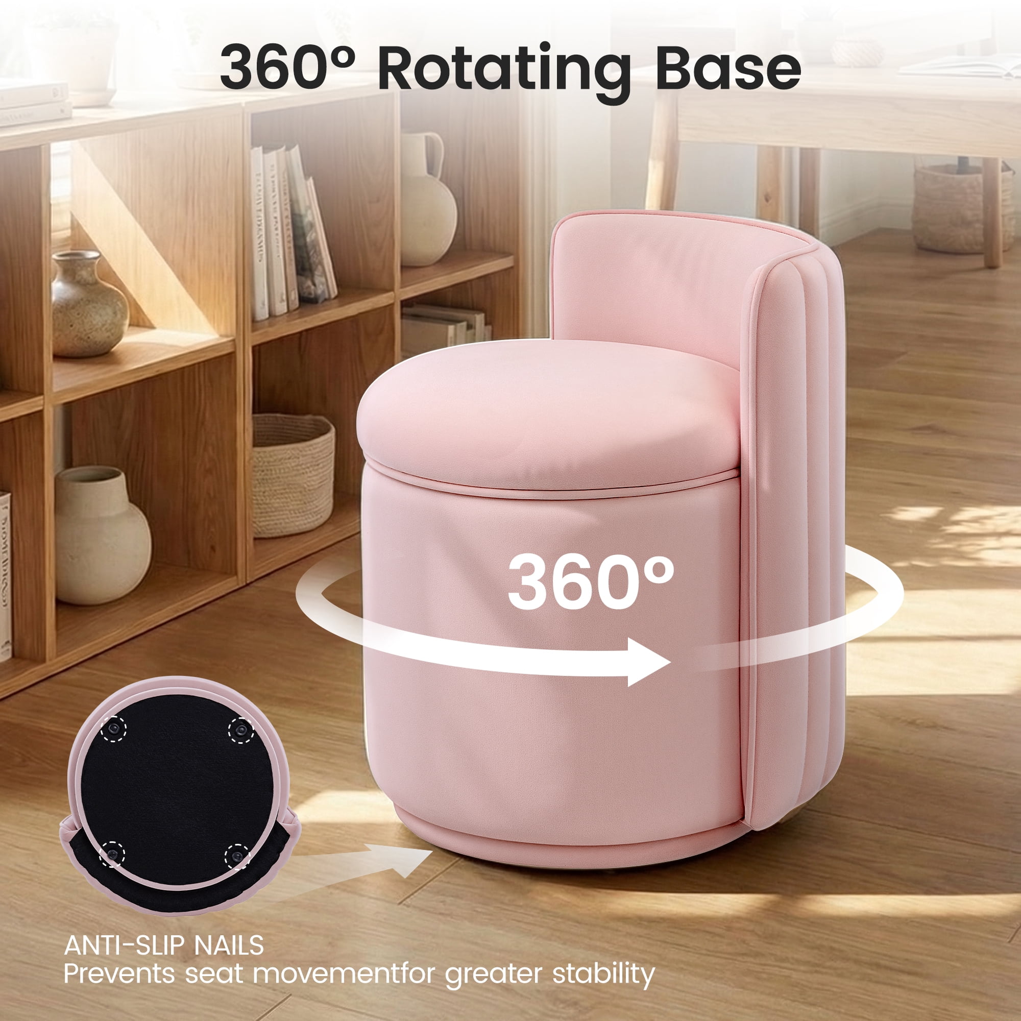 COOLHUT Vanity Chair, Upholstered Vanity Stool with Storage, Velvet Swivel Accent Chair, No Assembly Small Accent Stool, Makeup Chair for Bedroom, Living Room and Dressing Area, Pink