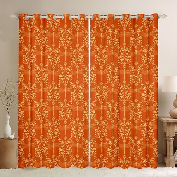 Feelyou Orange Dragonfly Black Out Curtains, Rustic Damask Curtains Pack of 2 (42x63 Each)