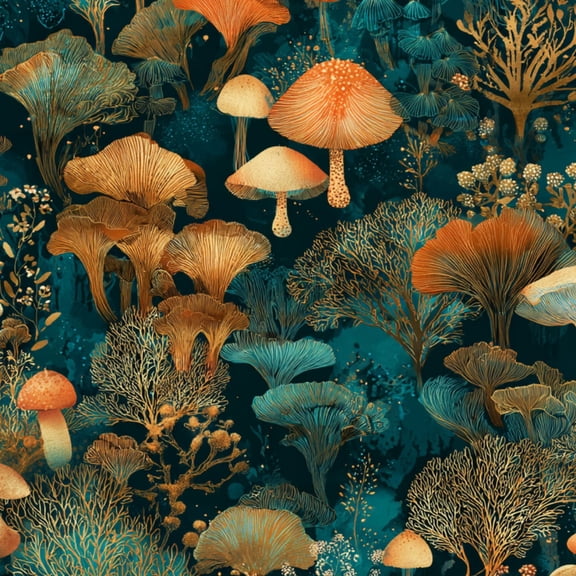 Peel and Stick Wallpaper Whimsical Mushroom Forest Blue Gold Foliage Wall Mural 17.7in x 9.8ft Self Adhesive Removable Wall Paper Renter Friendly Wallpaper for Bedroom Living Room Cabinets