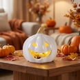 thumbnail image 2 of Floleo Glowing Ceramic Pumpkin Light – LED Lit Jack O Lantern Figurine Tabletop Decor for Fall Halloween Thanksgiving, Hollow Carved Design for Indoor Outdoor Home Party Display, 2 of 6