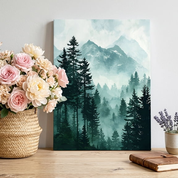 Canvas Wall Art, Dark Green Forest Framed Canvas Prints for Living Room Bedroom, Nature Foggy Mountain Pine Tree Gallery Wrapped Wall Decor for Home Office, Gifts, 12"x16" Ship Next Day