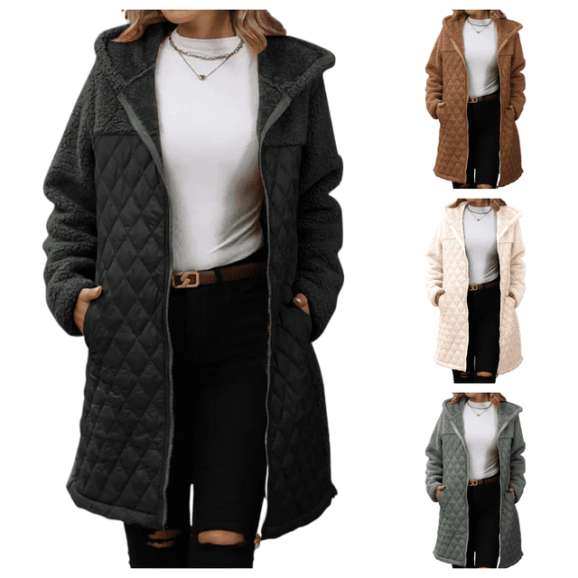 LOVZFMLL Vestes pour Femmes Veste Tendance Unie à Fermeture Éclair à Capuche Ample Mi-Longue en Peluche