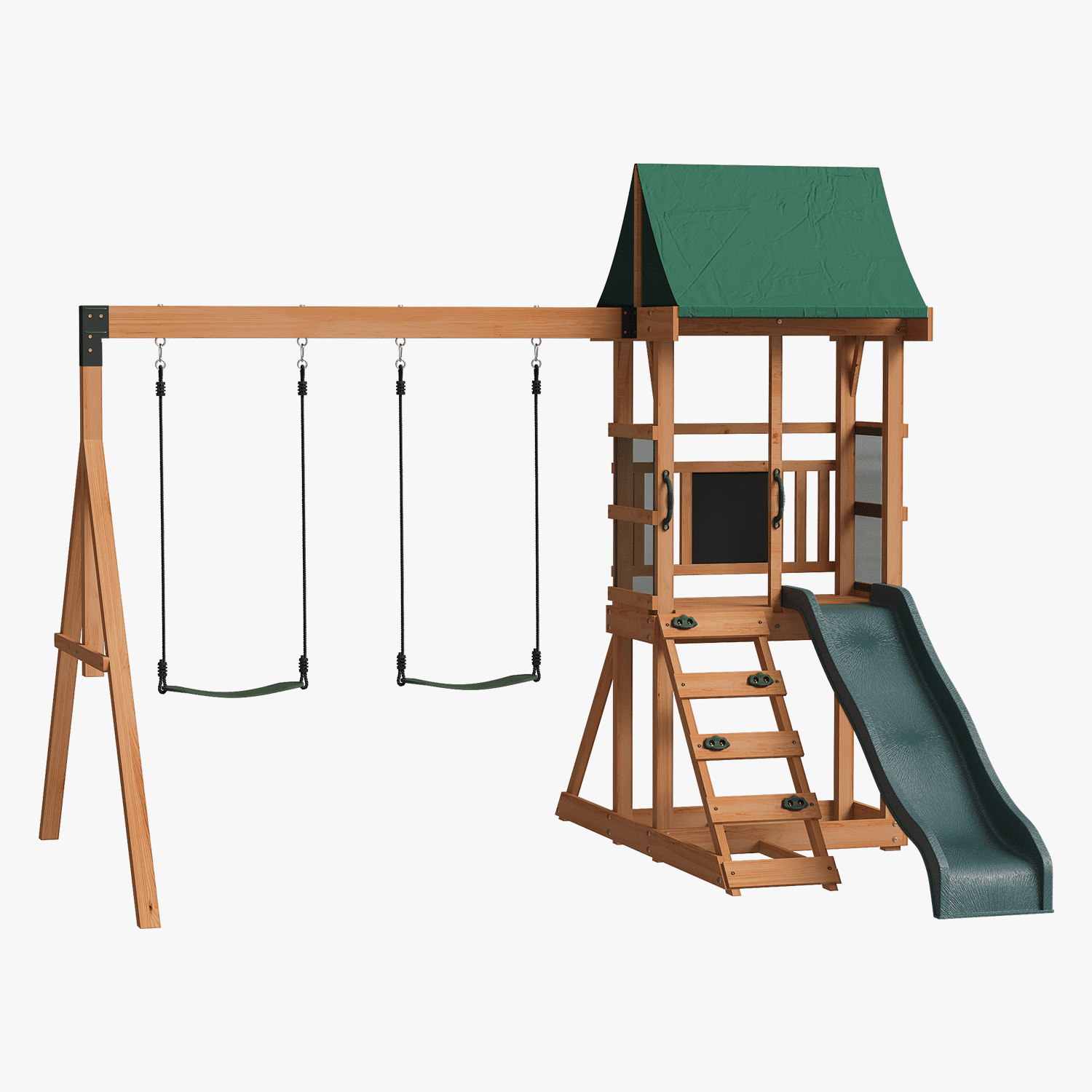 BaPiPro Wooden Backyard Swing Set，Outdoor Playground for Kids with Slide, Play Deck, Rock Wall Ladder, Belt Swings & Chalkboard