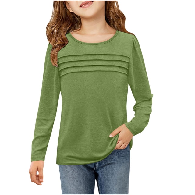 Plebaso Chemises à Manches Longues pour Filles Garçons Blouses Plissées Col Rond Enfants Tunique Décontractée Unie