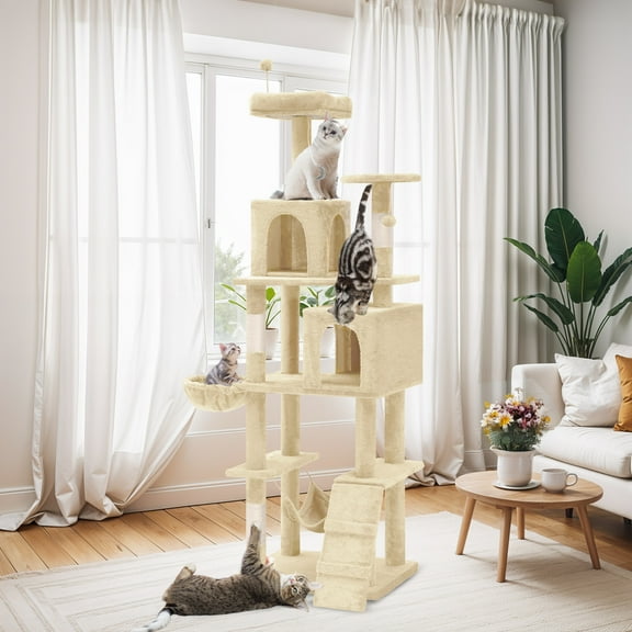 Uforic 75"Cat Tree Tower for Large Cats,Multi Level Play Tower Condo  with Scratching Posts&Hammock, Beige