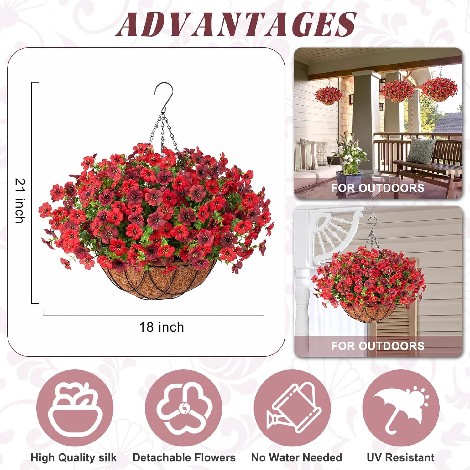Artificial Fake Hanging Flowers Baskets for Outdoors Spring Summer Decoration Faux Silk Colorful Daisy UV Resistant for Garden Porch Home Patio Balcony Decor