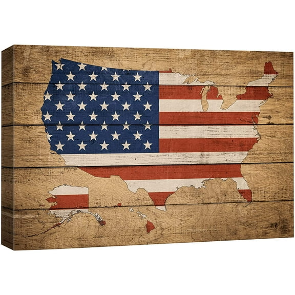 wall26 Canvas Print Wall Art Vintage American Flag United States Map USA July 4th Wood Panels Modern Art Multicolor Zen Traditional Decorative Colorful for Living Room, Bedroom, Office - 32"x48&