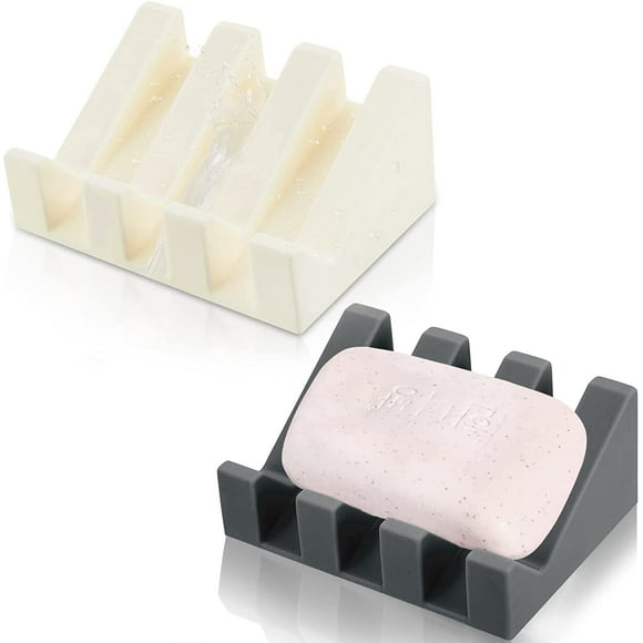 Silicone Soap Dish Self Draining Soap Dish Shower Waterfall Bar Soap Holder Tray with Drain Soap Saver for Kitchen Bathroom Accessories (Dark Grey, Cream White, 2)