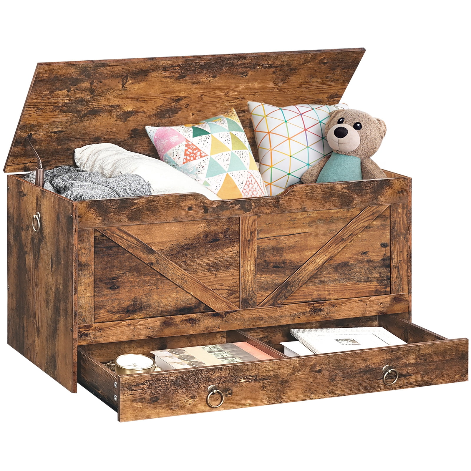 HOOBRO Storage Chest, 39.3" Toy Chest with Drawer, Wooden Storage Bench, Sturdy Entryway Bench Supports 220 lb, Shoe Bench, Safety Hinge, U-Shaped Opening, Easy Assembly, Rustic Brown FG710CW01G1
