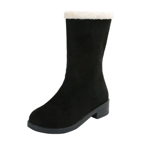 

WANYNG Ladies Fashion Solid Color Flock Chunky Heel Snow Boots Round Toe Warm Mid Cotton Boots Winter Boots Womens Zipper Furry Snow Boots for Women