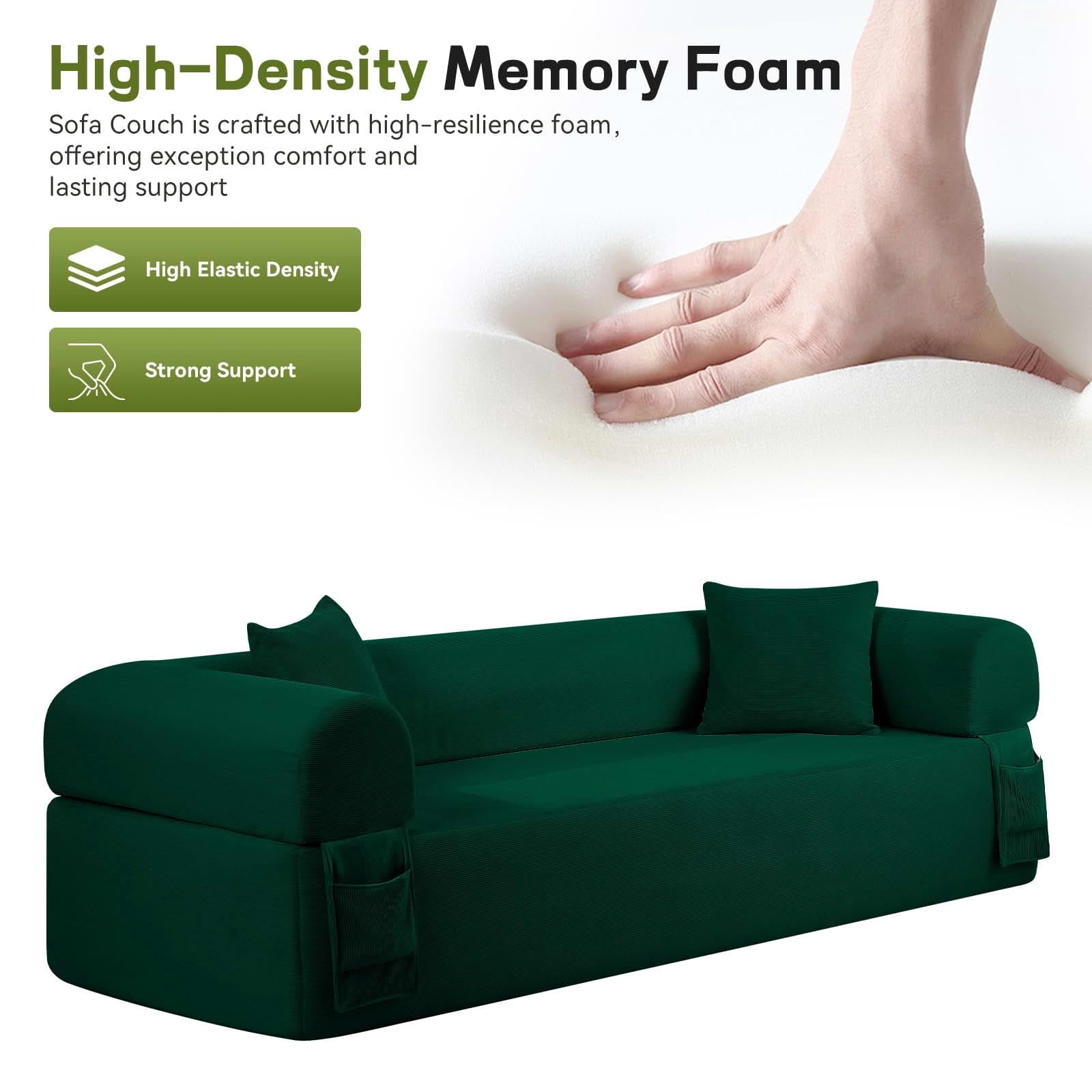 MAYEERTY 83" Green Corduroy 3-Seater Sofa, 600lbs Pocket Spring No Assembly Couch for Living Room