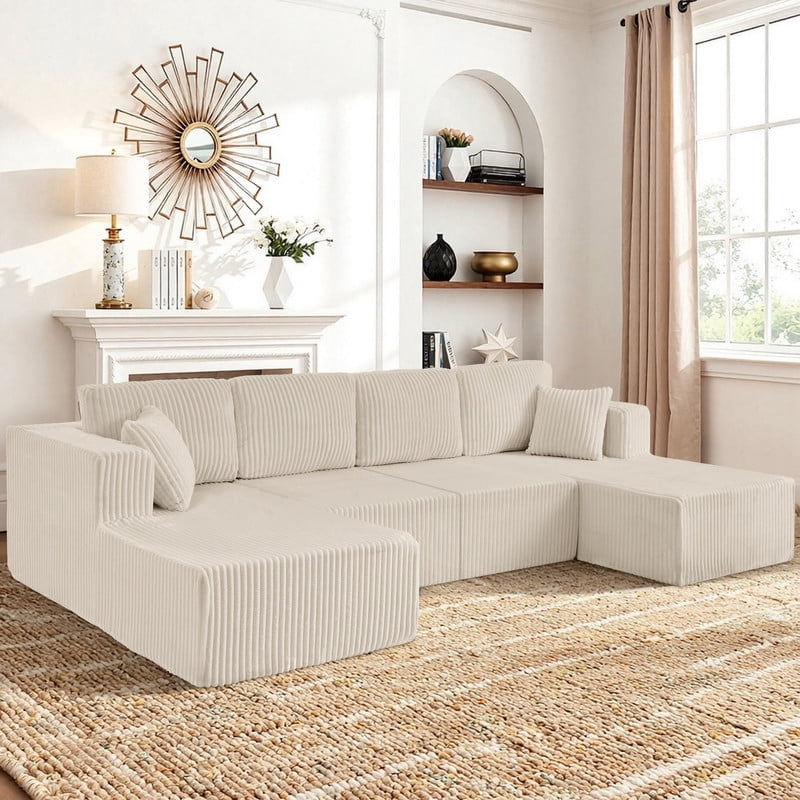 161" Oversized U Shaped Modular Sectional Sofa, Compressed Sofa in a Box, Modern Corduroy Deep Seat Couch, No Assembly Large Sectional Sofa for Living Room, Apartment, Bedroom, Beige