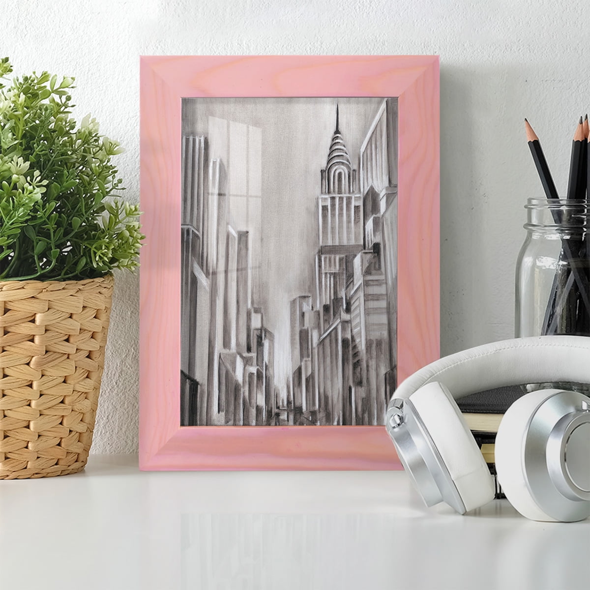 Art Deco Cityscape I -Framed Print w/glass-Sunset Pink