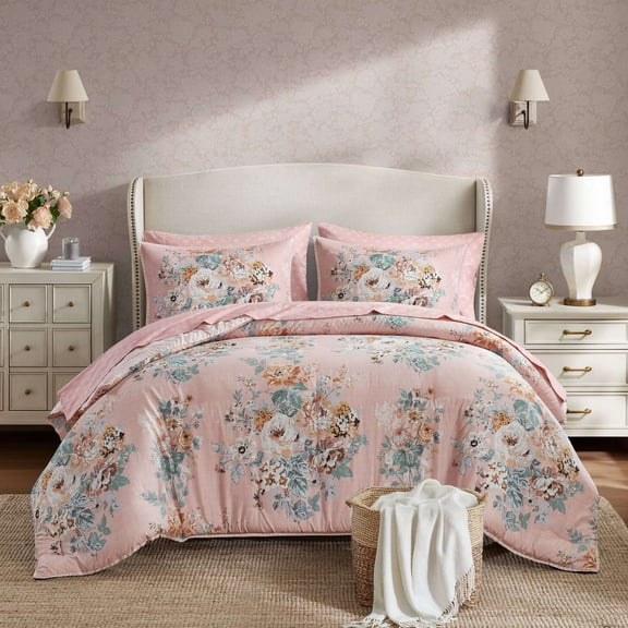 Full Size Cotton Bedding Set 7-Piece Full 7 Piece Vintage-inspired Collection floral print,Pink,Bed In A Bag