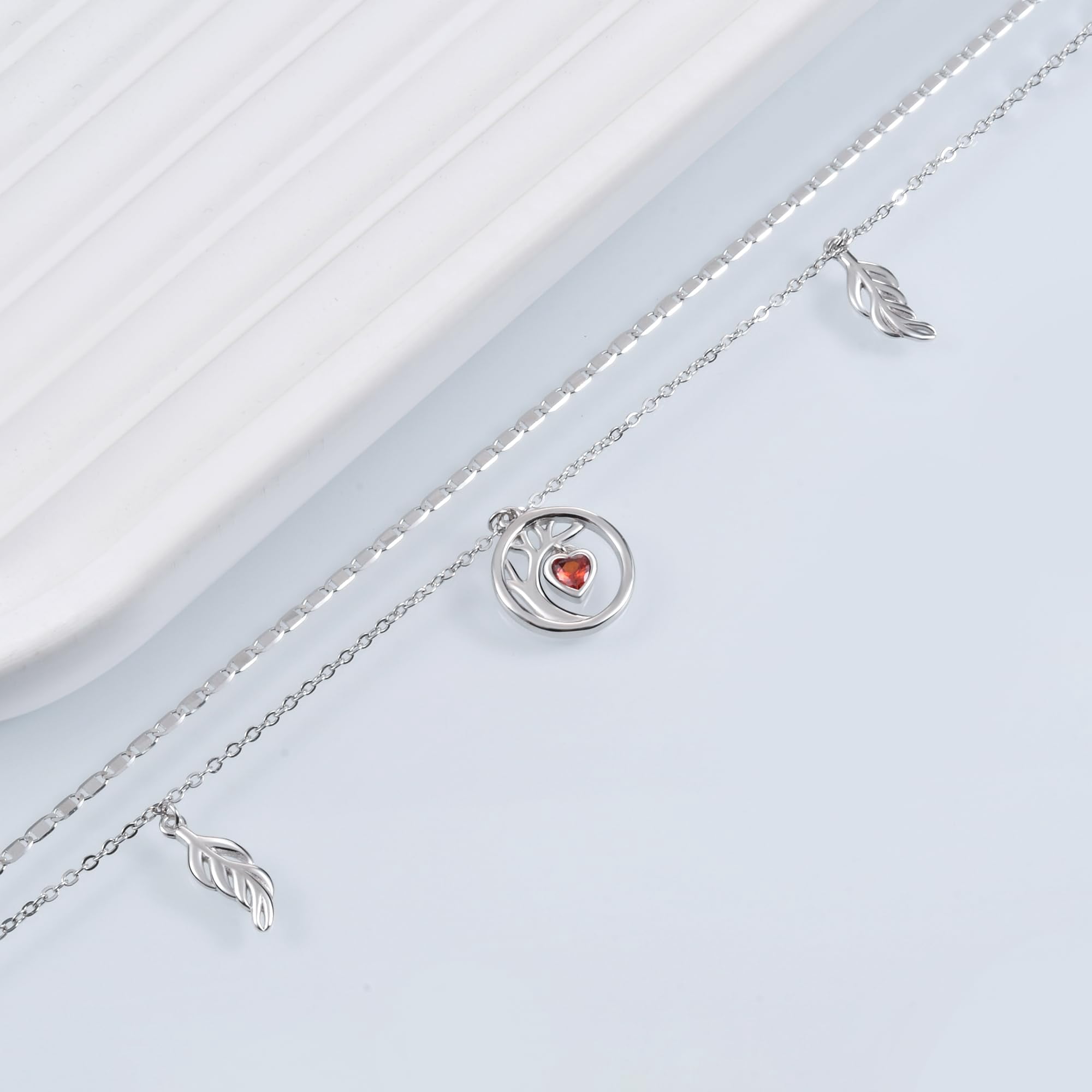 CHIC & ARTSY Anklet 925 Sterling Silver Tree of Life Anklet Heart Shape Zirconia Cute Women's Anklet White Gold Multi-Layers Anklet Adjustable Women's Double Layers Anklet