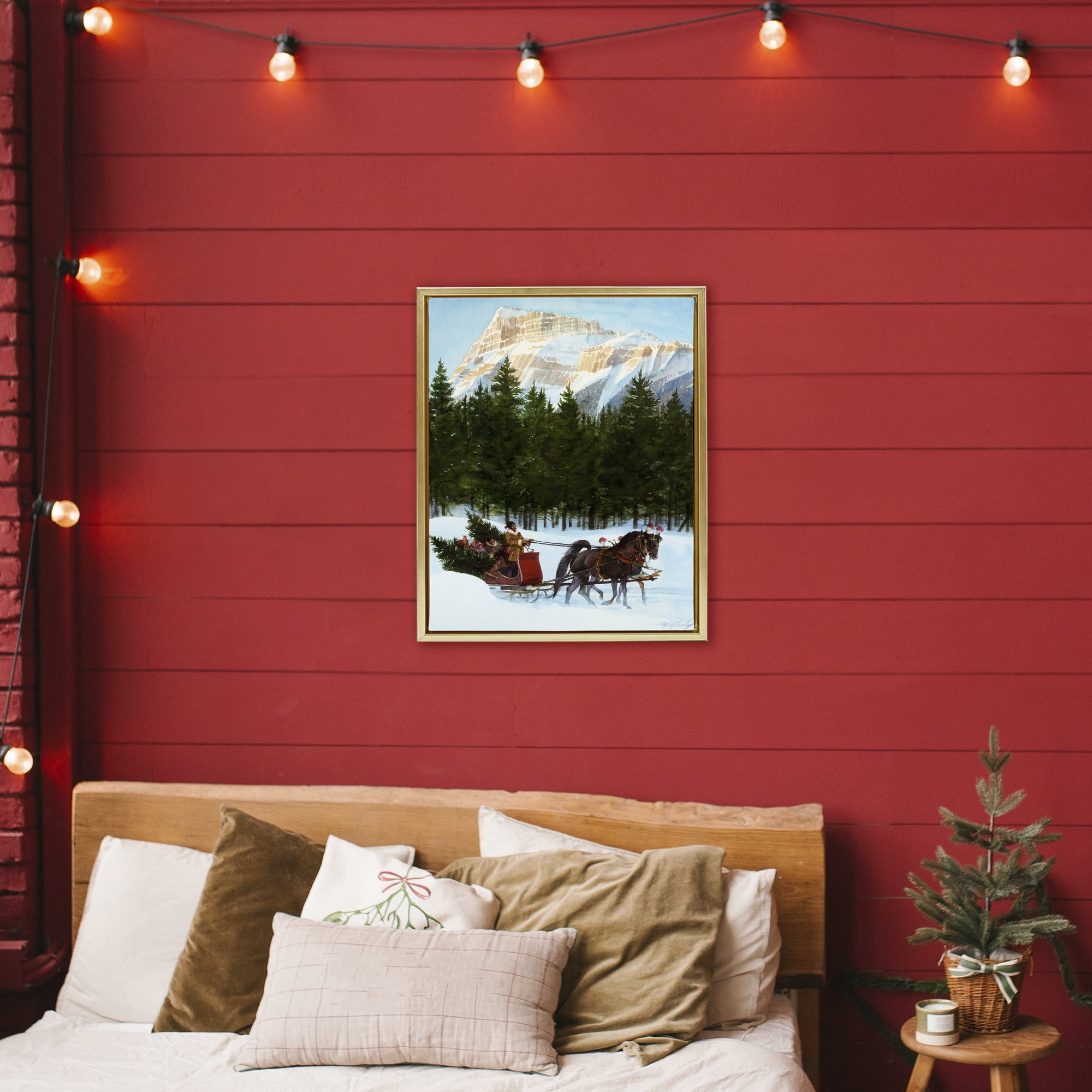 Sleigh Ride Carrying Trees Gold Framed Floater Canvas Wall Art, design by Wind River Studios
