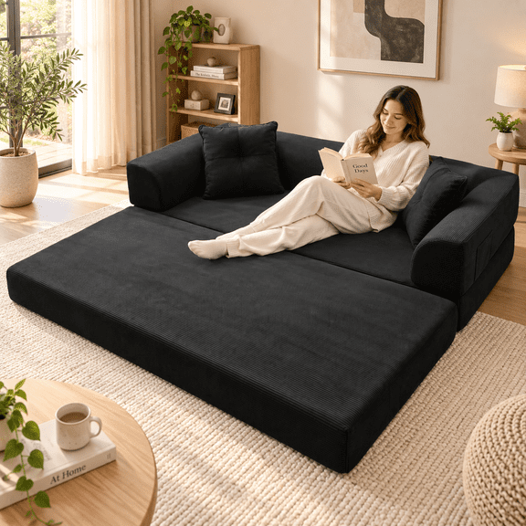 76.7" Convertible Foldable Sofa Bed, Oversized Corduroy Sleeper Couch with Deep Seat, Wide Armrests, Side Pocket and 2 Throw Pillows for Living Room, Bedroom or Apartment, Black