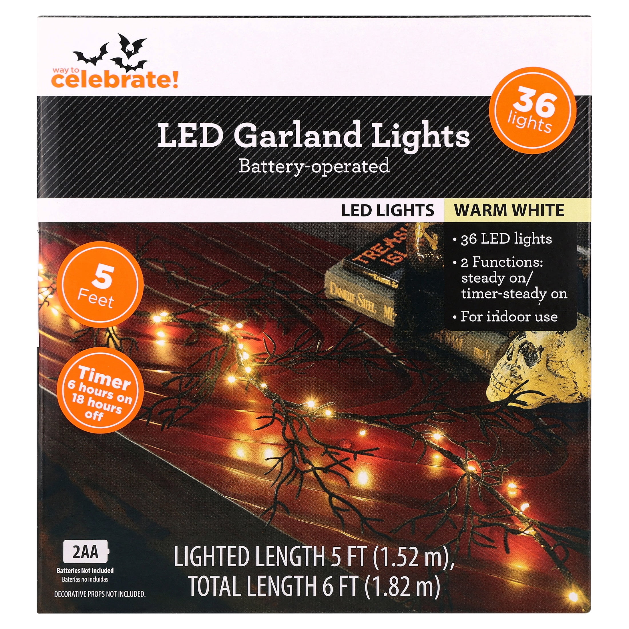 Indoor 36-Count Battery-Operated LED Garland Lights, Warm White, 5', Halloween by Way To Celebrate