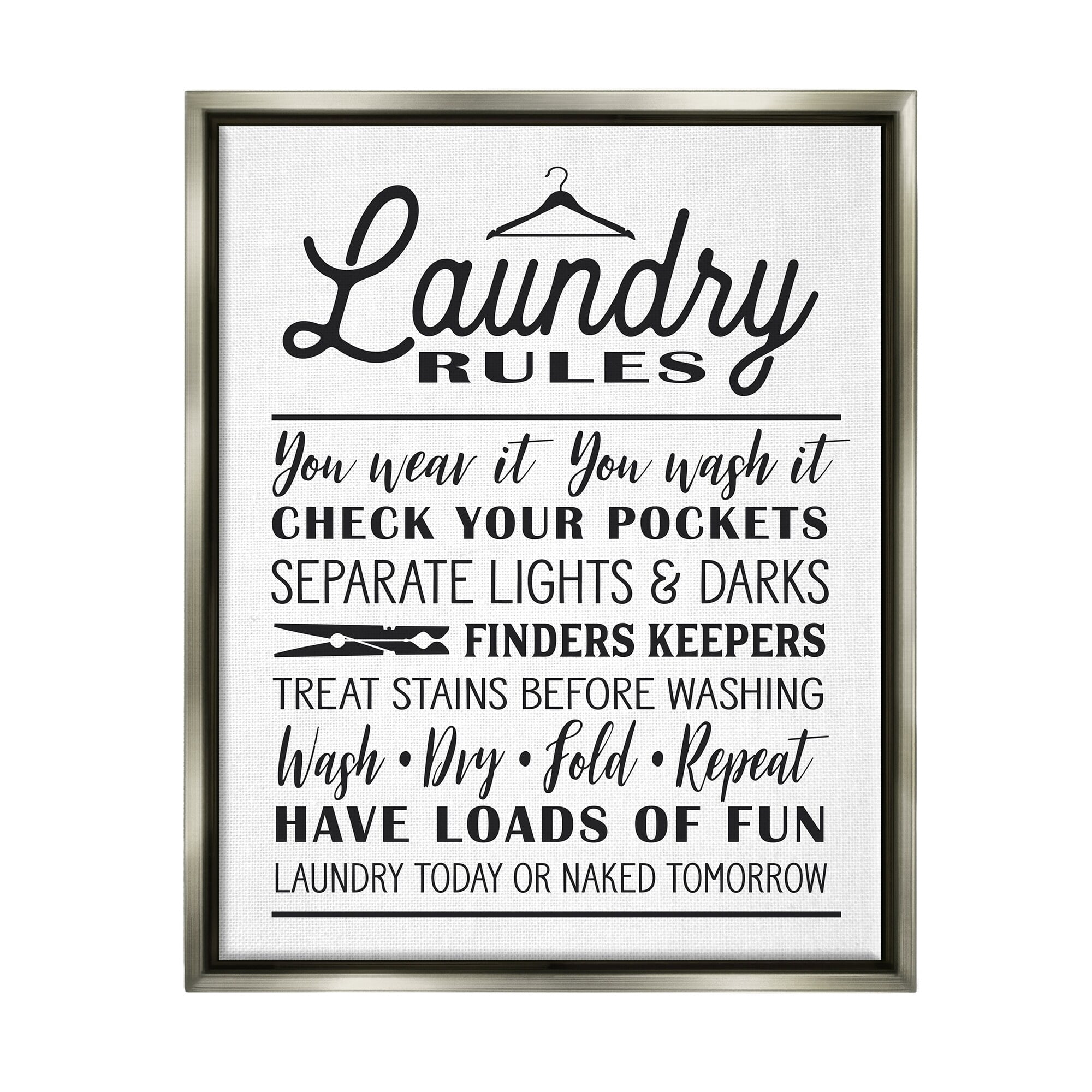 Stupell Industries Laundry Rules with Hanger Typography Luster Gray Framed Floating Canvas Wall Art, 24x30, by Lettered and Lined