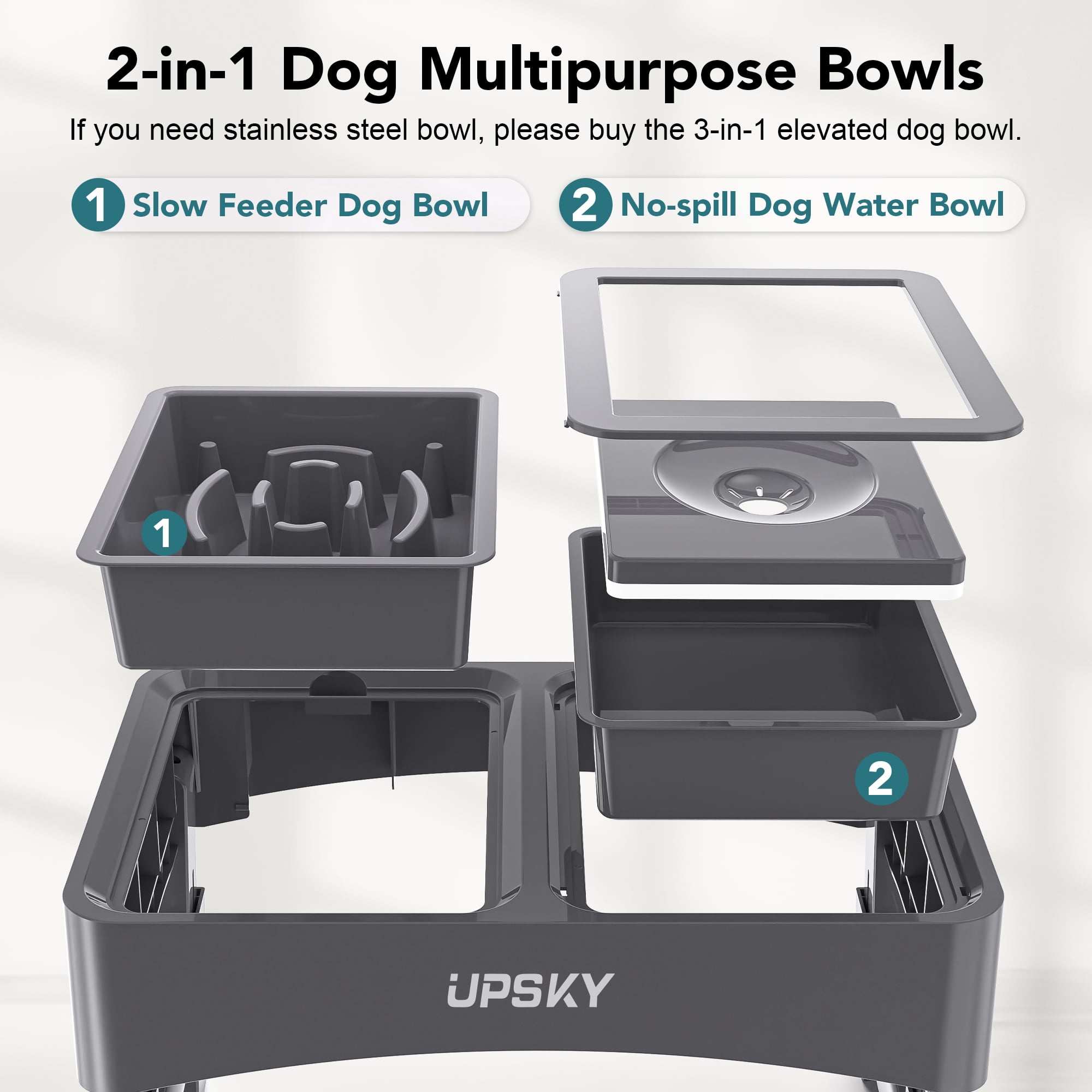 UPSKY 2-in-1 Elevated Dog Bowls Slow Feeder, 4 Height Adjustable Raised Dog Bowl Stand No Spill Dog Water Bowl Dispenser, Anti-Slip Dog Food and Water Bowl for Small Medium Dogs.