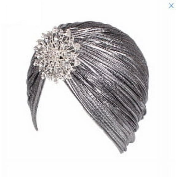 Zhuge Women's Ruffled Turban Hat Sequin Twist Curls Stretch Turban with Removable Crystal Brooch (Silver)