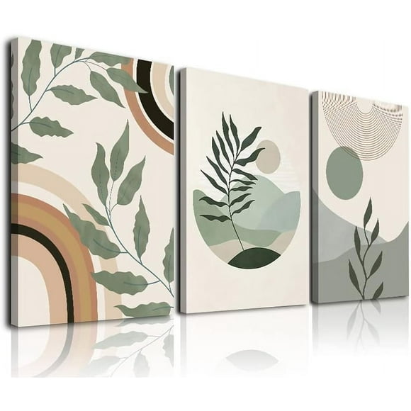 Sage Green Boho Wall Art Set of 3 Mid-Century Modern Wall Art Neutral Geometric Canvas Green Wall Art Sun Rainbow Leaf Mountain Minimalist Artwork 12" X 16" for Bathroom Bedroom Living Room Boho