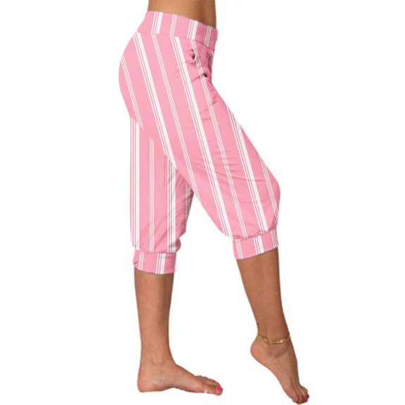 Zysthvn Casual Capri Pants for Women Yoga Workout Leggings Gym Crop Pants for Women Striped High Waisted Elastic Waist with Pockets