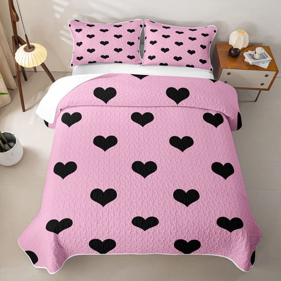 Erosebridal Heart shape Twin Quilt Set for Girls, Simple silhouette Print Twin Coverlet Set, Pink Black, 2-Piece