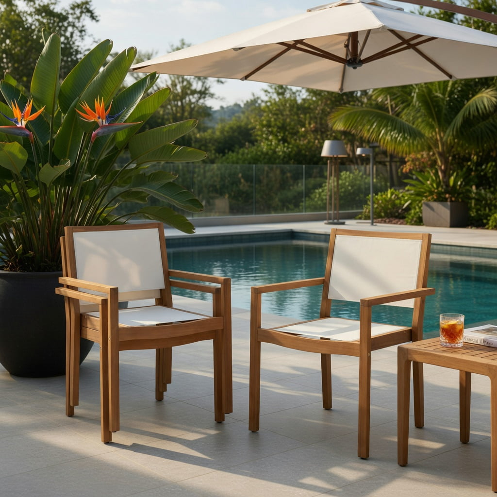 Hommoo 2-Pack Stackable Outdoor Dining Chairs with Acacia Wood Frame & Weather-Resistant Fabric, Ergonomic Design for Patio, Deck, Balcony, White+Natural