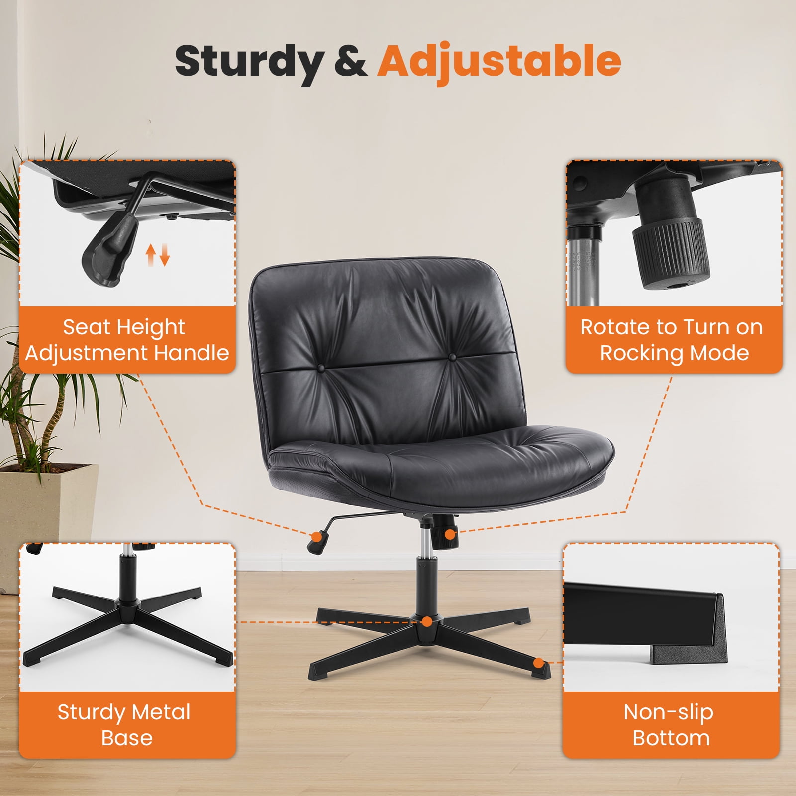 GIANNA Comfy PU Leather Criss Cross Office Chair, Durable and Ergonomic Modern Vanity Chair for Home Office and Study, Without Wheels, Black