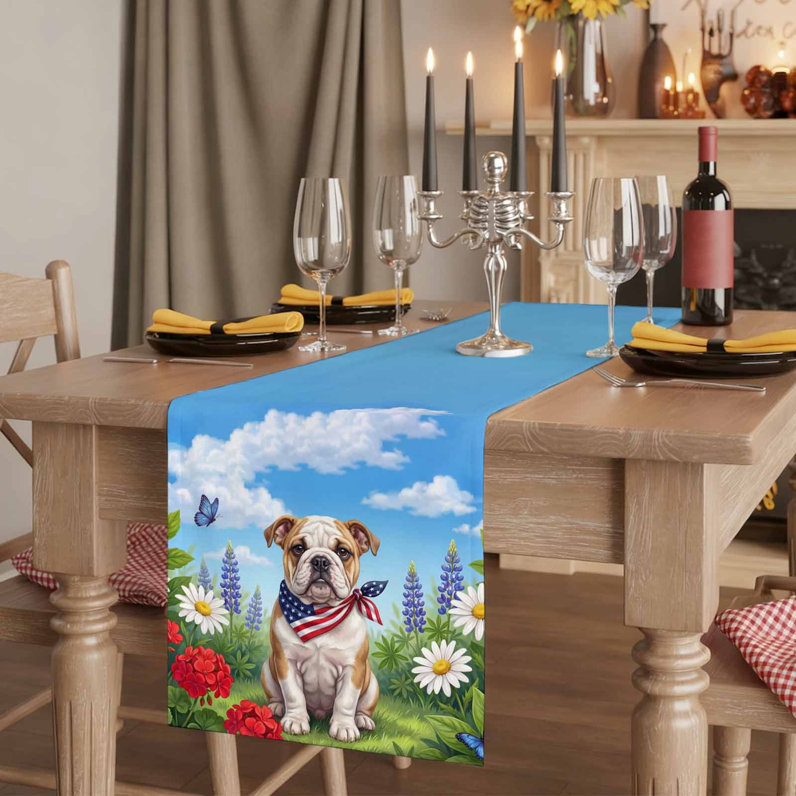 Independence Day Table Runner, American Flag Cute Dog Puppy Colorful Flower Washable Cotton-linen Table Runners Dining Kitchen Decoration for Everyday Home Wedding Party Decor, 18 x72 Inch