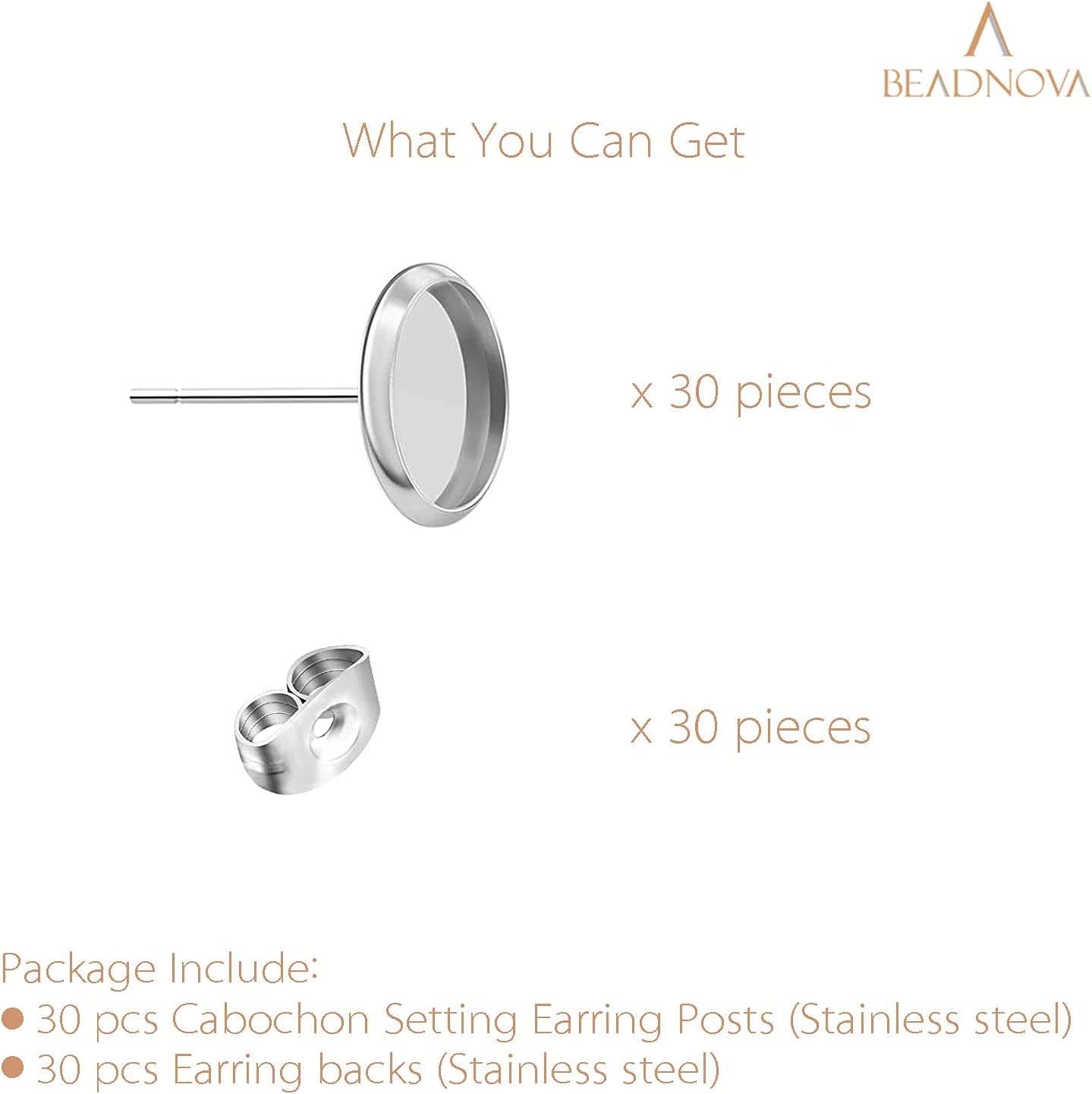 Stud Earring Kit 30pcs Blank Stud Earring 10mm Stainless Steel Cabochon Setting Earring Post with Stainless Steel Earring Backs for Cabochon Resin DIY