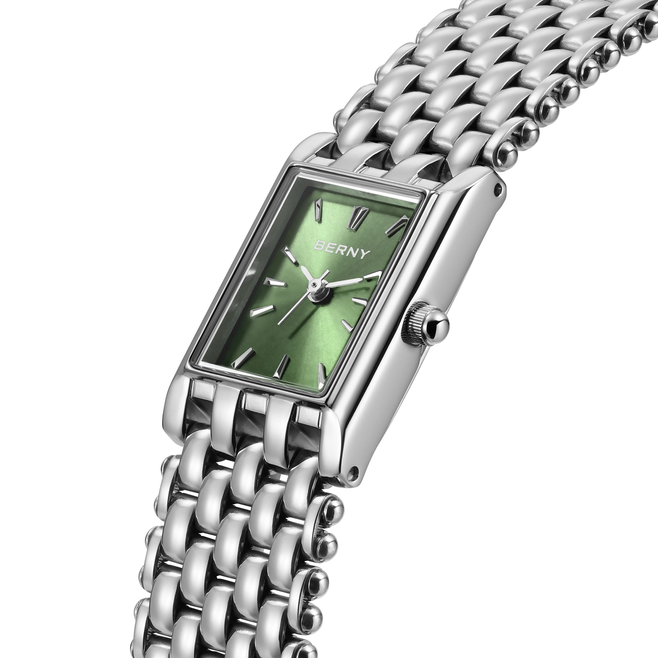 BERNY Small Silver Watches for Women, Dainty Rectangular Women Watch with Stainless Steel Bracelet Band, Japanese Quartz Movement, 3ATM Waterproof, Classic Dress Ladies Wristwatch (Green)