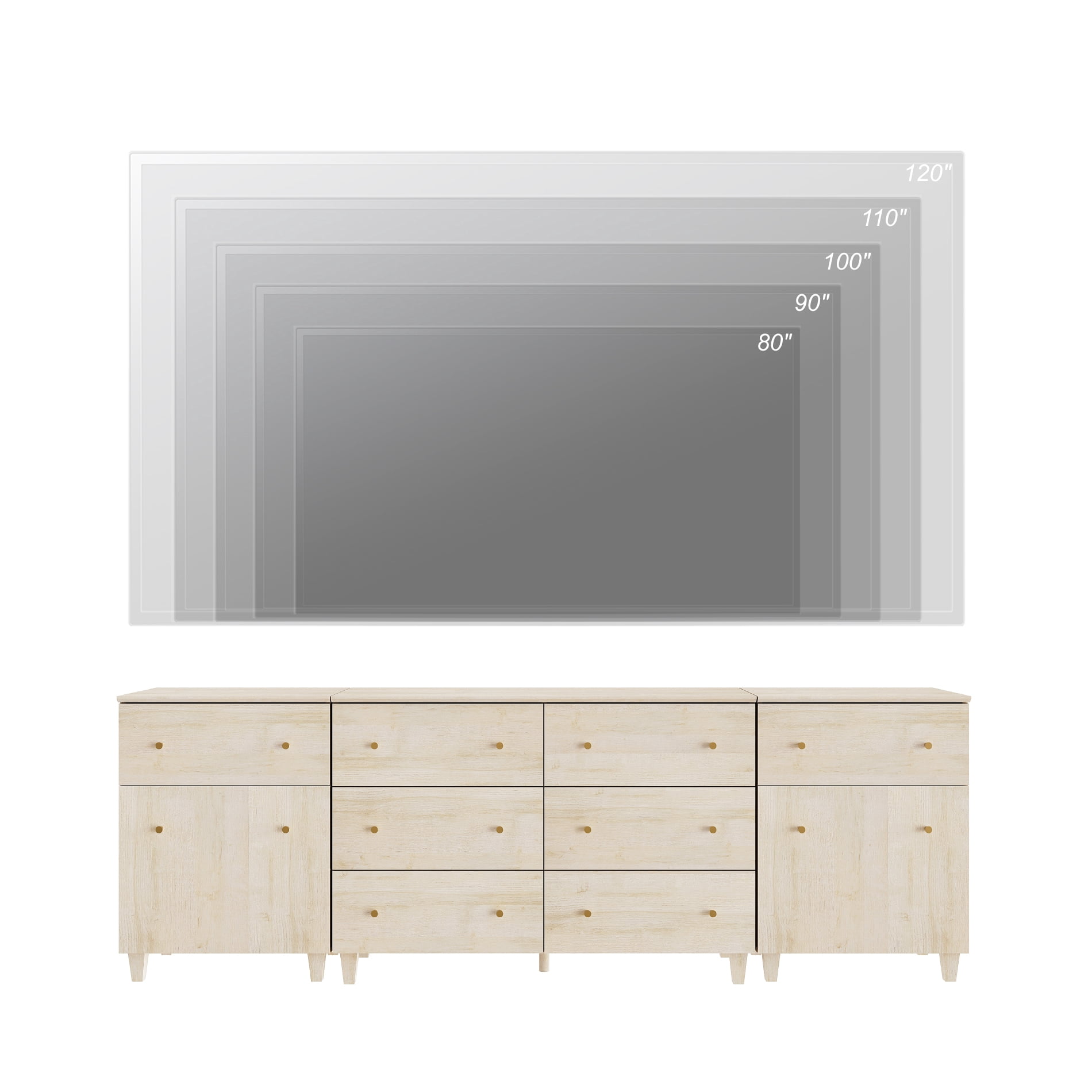 WAMPAT TV Stand for 100+ Inches TVs, 3-in-1 Modern Wooden Media Console with 8 Spacious Drawers and 2 Storage Cabinets for Living Room, Light Oak