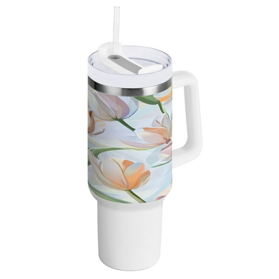Soft Tulip Pattern Insulated Tumblers 40oz Double-Walled Stainless Steel Water Bottles Car Handle