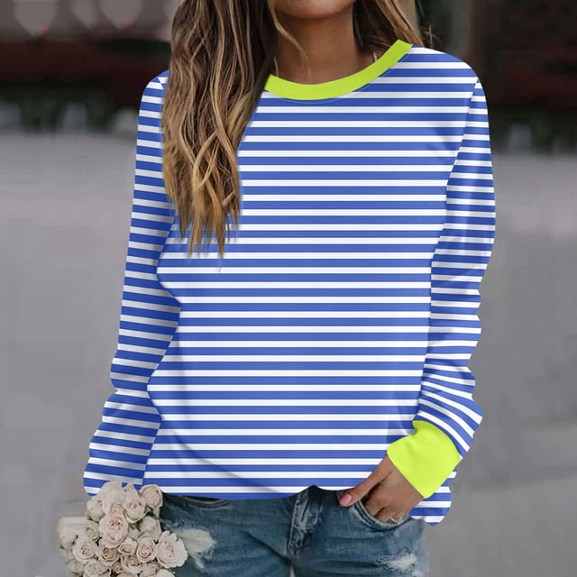 Jsaierl Chandails en Molleton pour Femmes Grande Taille Hauts Rayés Tendance Blocs de Couleur Pulls Décontractés Manches Longues Automne Col Rond Chandail en Molleton