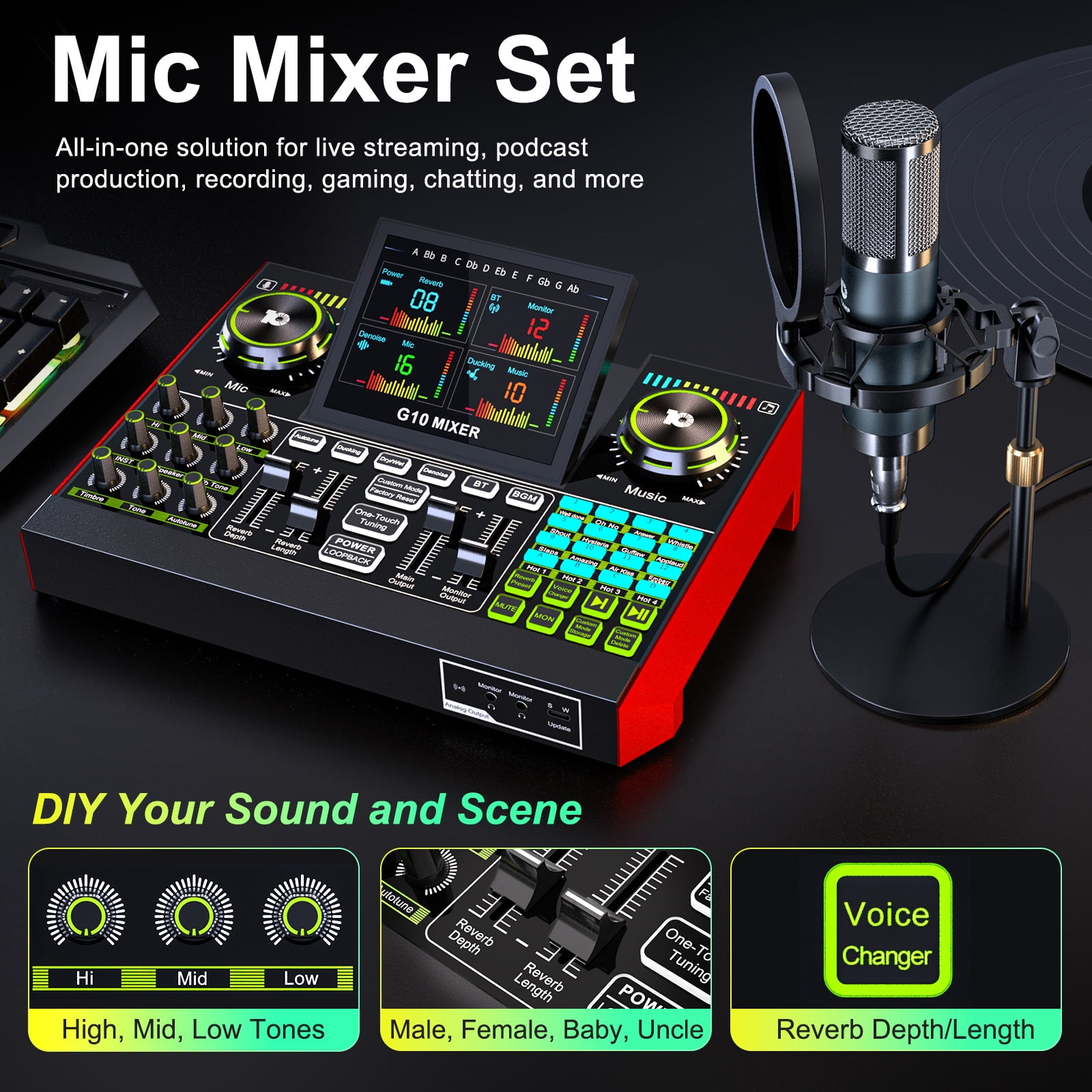 Tenlamp Digital Multifunction Podcast Mixer G10-P15 with Condenser Microphone and Bluetooth 1-Pack