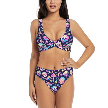 Zeuib mushroom colorful Skull star High Waisted Tummy Control Bikini Set - Knot Front Push Up Top & Cheeky Thong Bottom  Two-Piece Swimsuit for Women-X-Large