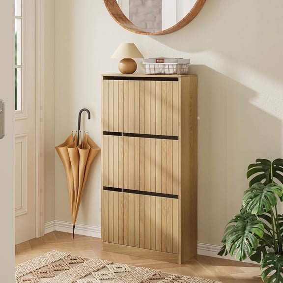 Shoe Storage Cabinet with Vertical Groove Doors 3 Flip Drawers, Narrow Shoe Cabinet Storage for Entryway, Freestanding Shoe Organizer Cabinet, Slim Shoe Rack Cabinet (Natural Oak Grain)
