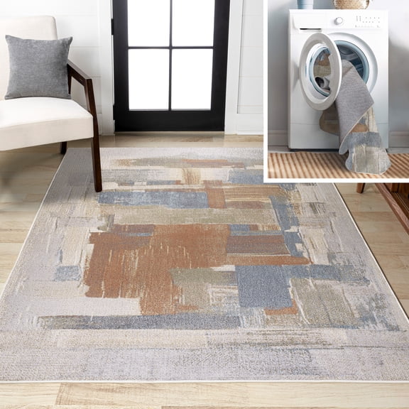 JONATHAN Y WASHABLE 8 x 10 Area Rug, Weaver Abstract Coastal Watercolor - Cream/Multi, WSH302A-8