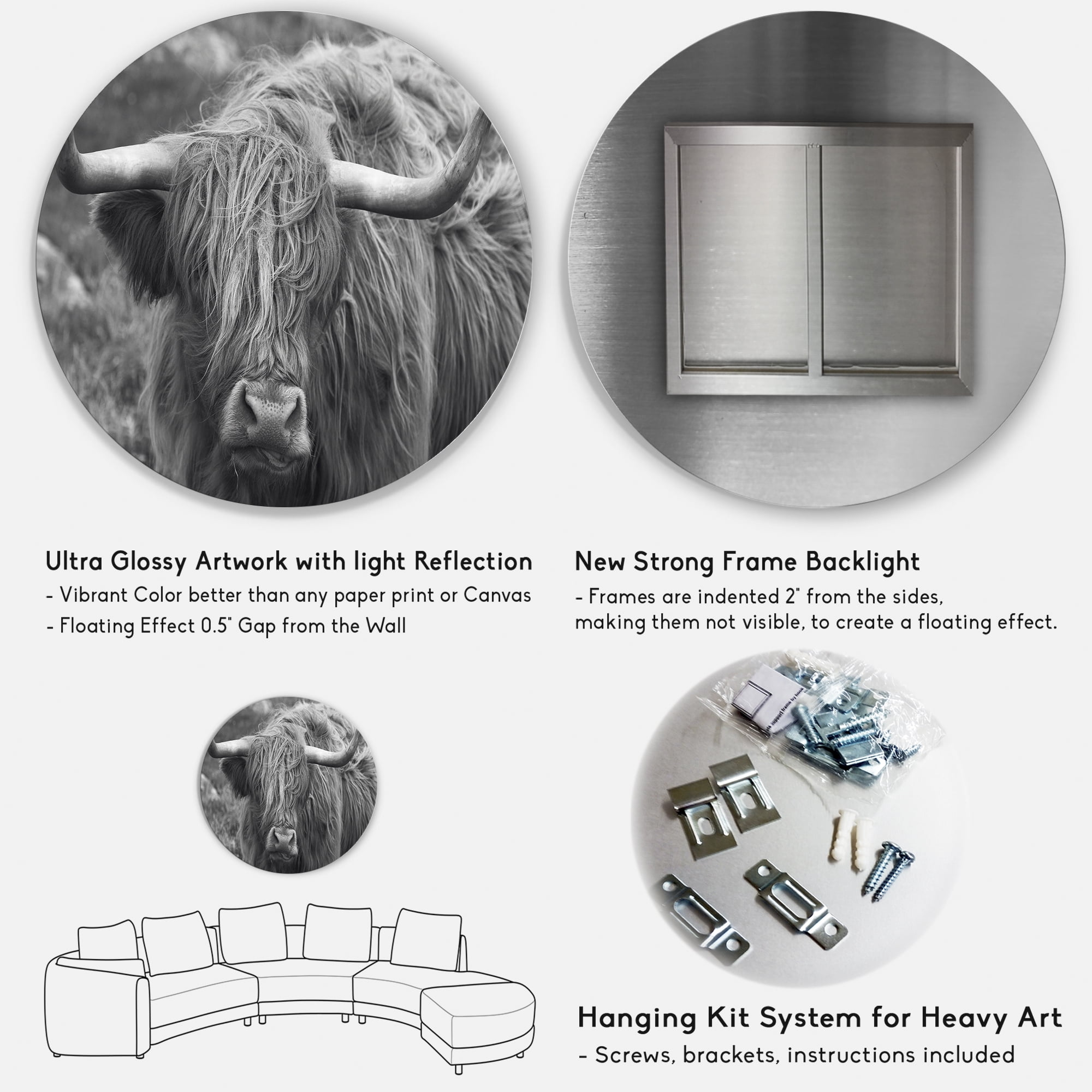 Designart 'Close Up Of Scottish Cow On Moorland I' Farmhouse Circle Metal Wall Art 36x36 - Disc of 36