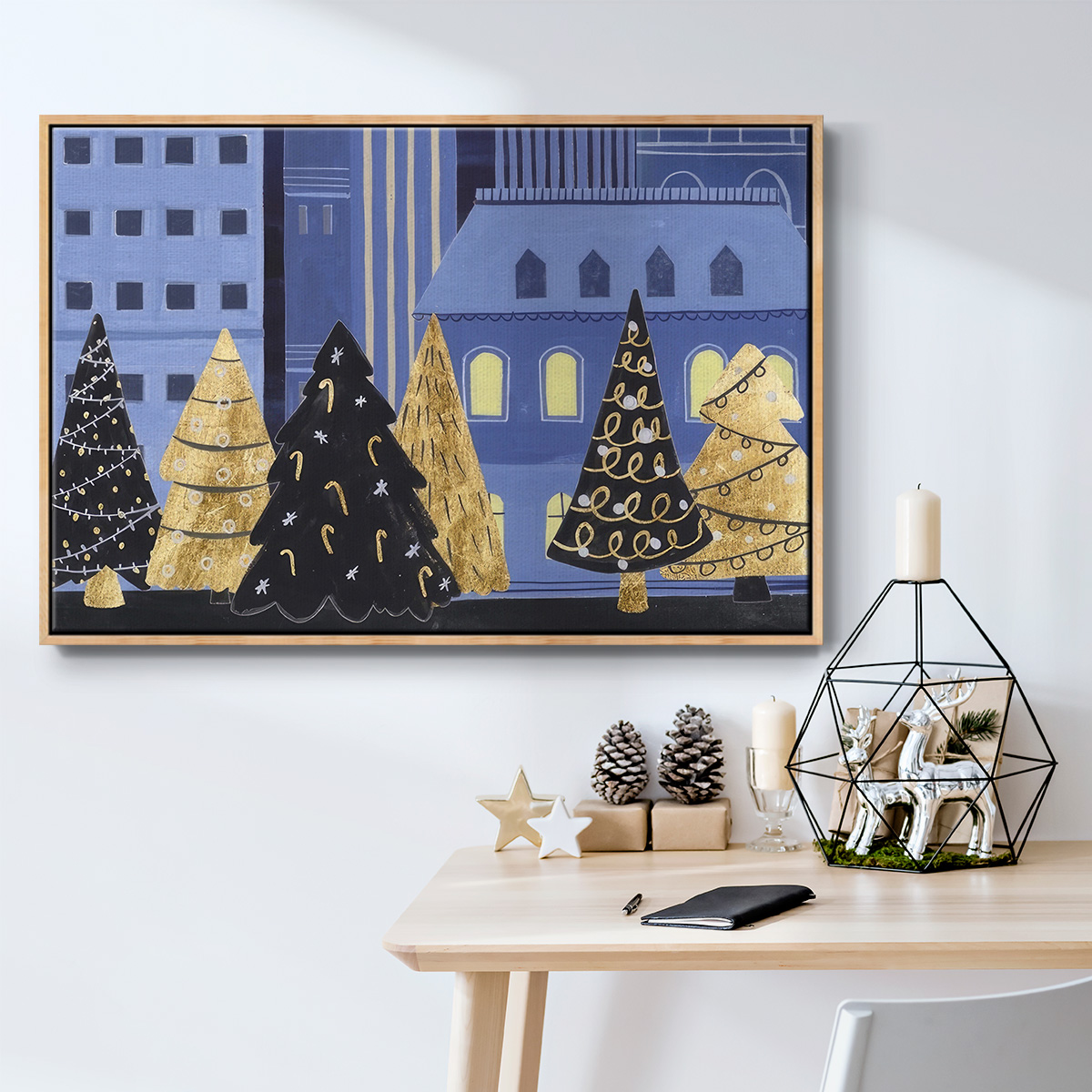 Holiday Night Collection A - Framed Gallery Wrapped Holiday Canvas - 17 x 25 - Natural Wood Frame
