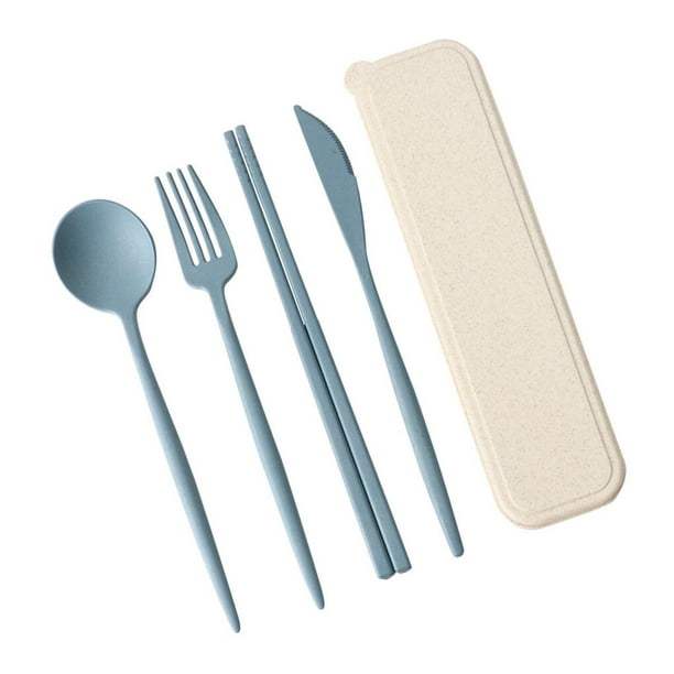Bearachild 4 unids/set juego de cubiertos de creatividad tenedor de paja de trigo palillos cuchara portátil reutilizable juego de vajilla Mostrada azul