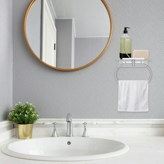 Stainless Steel Hand Towel Ring with Shelf Wall Mounted Hand Towel Holder with Two Mounting Ways for Bathroom Kitchen Accessory