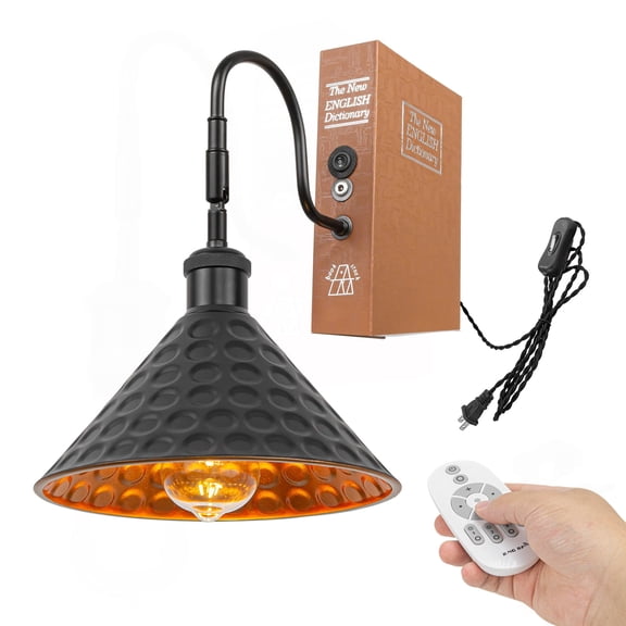 Kiven Plug-in Table Lamp, 1-Light Bookshelf Lamp with Remote Control and Black Iron Lampshade(Gold Inner), Farmhouse Decorative Bookend, Plug in Book Lamp for Office Bedside Bookcase Home Decor