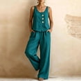 thumbnail image 2 of Sleeveless Button Front Linen Set for Women, Scoop Neck Tank & Wide Leg Pants Two Piece Outfit - Loose Fit Summer Vacation Ensemble Blue L, 2 of 5