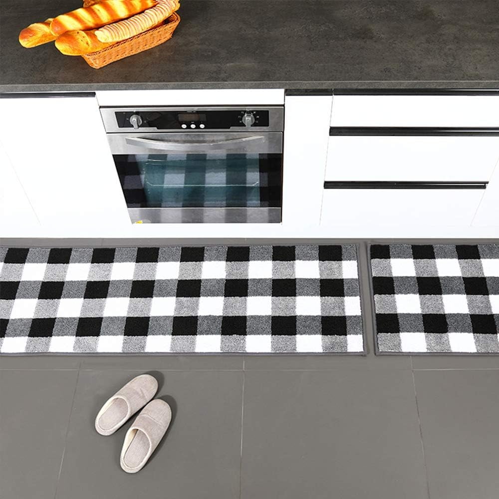 2 Pieces Buffalo Plaid Check Rug Set Water Absorb Microfiber Non-Slip Kitchen Rug Bathroom Mat Checkered Doormat Carpet for Laundry 17"x48"+17"x24", Black and White