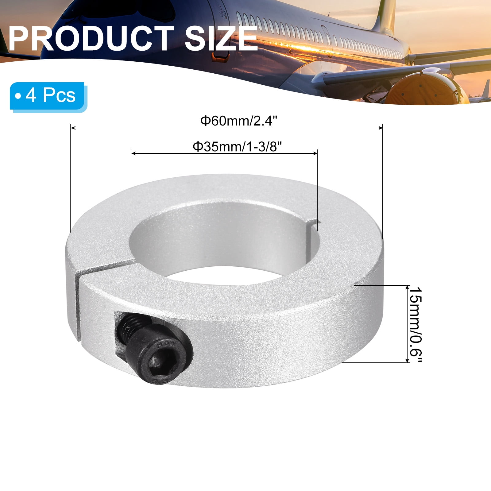 Aluminum Alloy Bore 35mm Single Split Shaft Collar 60mm OD 15mm Thickness with Set Screw, Silver 4 Pack