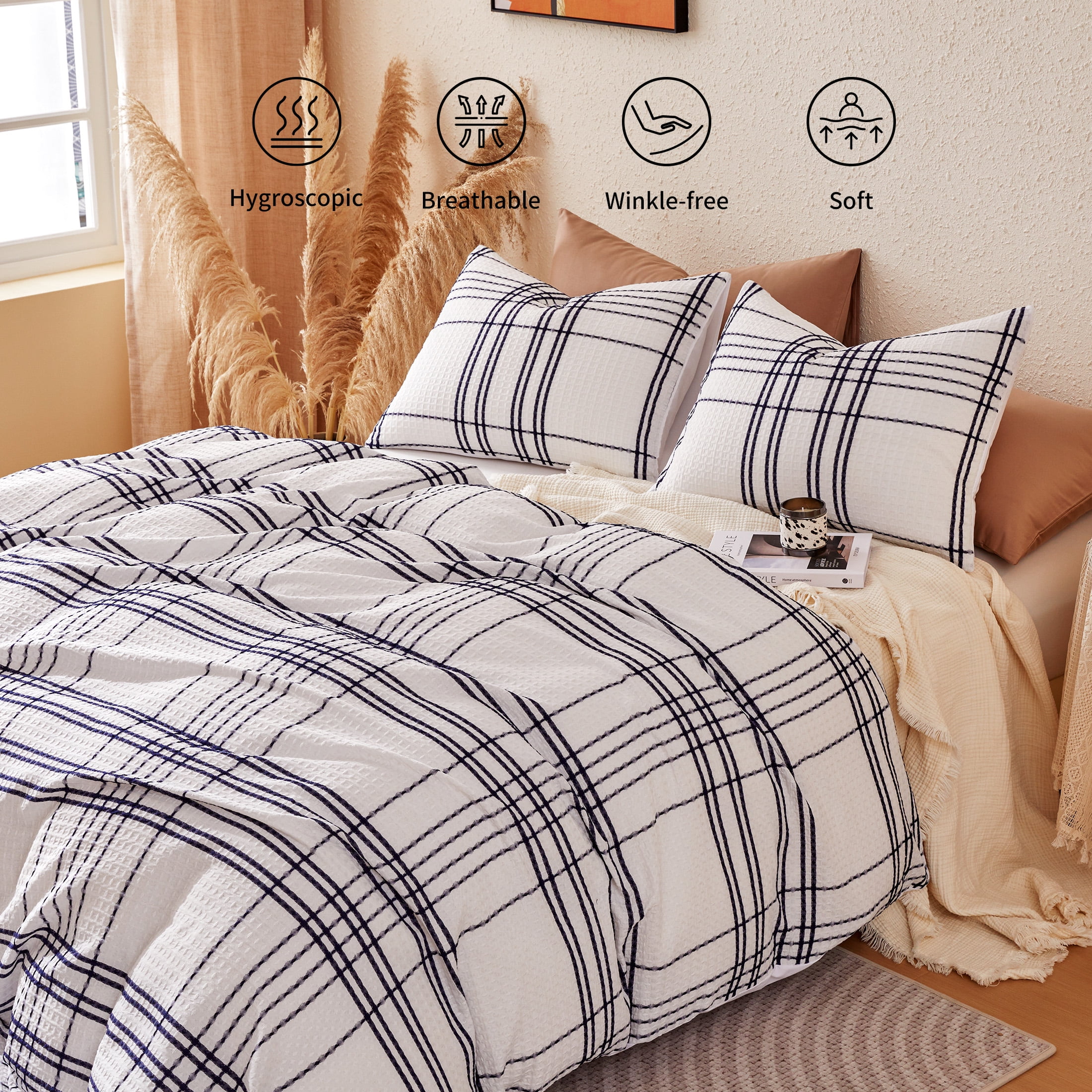 Sonive Waffle Duvet Cover Set Blue Grid, 3 Pieces Modern Pattern Waffle Weave with Pillow Sham, Full